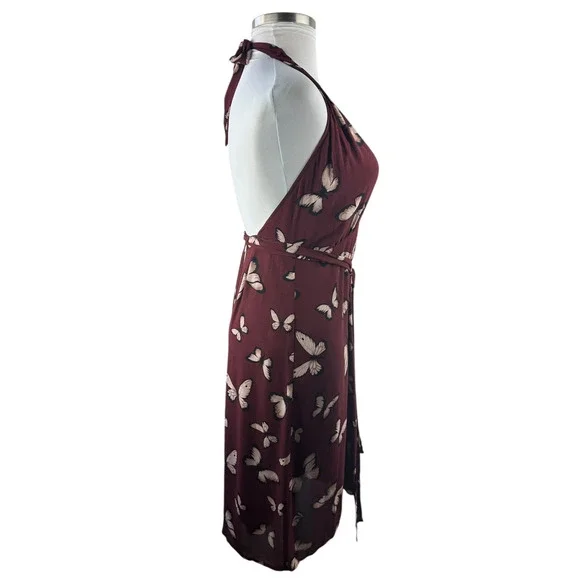 Reformation Johnson Dress Wrap Halter Tie Butterfly Print Burgundy Women's Large - Picture 9 of 15